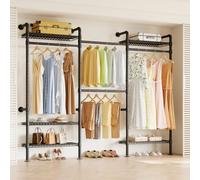 Higeego W3 Industrial Pipe Clothing Rack, Wall Mounted Clothes Rack Closet Wardrobe System with Expandable Hanger Rods Adjustable Storage Shelves, Heavy Duty Corner Walk-in Closet System, Black