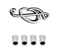 HIGGER 1Pcs 3D Metal Musical Note Car Badge Emblem Sticker +4Pcs Knurled Style With Plastic Core Valve Caps for Universal Car Styling Decorative Accessories (Silver)