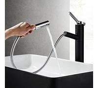 High Arc Black & Chrome Bathroom Sink Faucet with Pull Down Sprayer Single Handle Modern Mixer Kitchen & Bath Sink Tap Elegant Design Large Size
