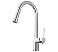 High Arc Pull Down Kitchen Faucet with Dual Function Sprayer, Solid Brass, 360° Swivel, Hot & Cold Water Mixer, Brushed Finish, Modern Kitchen Sink Tap