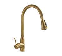 High Arc Pull Down Kitchen Faucet with Pull Out Spray 2 Spray Modes Antique Brass Finish 360° Swivel Single Lever Mixer for Commercial Use 1 Hole Sink Tap