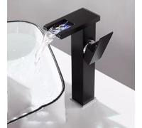 High Arch Black Bathroom Faucet with Color Changing LED Light Square Design Cascade Water Flow Includes Supply Hose Modern Sink Mixer Tap for Stylish Home Decor