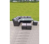 High Back Corner Rattan Sofa Rising Dining Table Height Adjustable 9 Seater 3 Small Foot Stools Fimous Dark Grey One Size