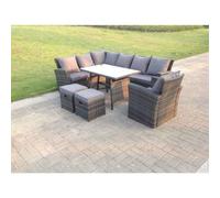 High Back Dark Mixed Grey Rattan Corner Sofa Set Outdoor Furniture Rectangular Dining Table 2 Small Footstools Chair 9 Seater Dark Grey