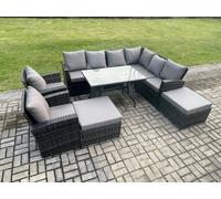 Fimous High Back Outdoor Garden Furniture Set Rattan Corner Sofa Dining Table Set With 2 Armchairs 2 Big Footstool 10 Seater Dark Grey Mixed