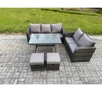 High Back PE Rattan Sofa Set Outdoor Garden Furniture Dining Table Set Love Sofa 3 Seater Sofa 2 Small Footstool Fimous Dark Grey One Size