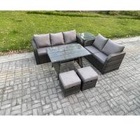 Fimous High Back PE Rattan Sofa Set Outdoor Garden Furniture Dining Table Set 3 Seater Sofa 2 Small Footstool Side Table