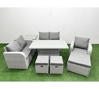 Fimous High Back Poly Rattan Garden Furniture Set w/ Reclining Chair Loveseat Sofa Adjustable Lifting Dining or Coffee Table Indoor Outdoor Patio Set Fimous Light Grey