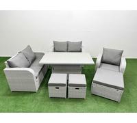 High Back Poly Rattan Garden Furniture Set with Reclining Chair Loveseat Sofa Adjustable Lifting Dining or Coffee Table Indoor Outdoor Patio Set 3 St Fimous Light Grey One Size