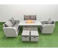High Back Poly Rattan Garden Furniture Set with Reclining Chair Loveseat Sofa Firepit Dining Table Indoor Outdoor Patio Set 2 Stool Light Grey Fimous Light Grey One Size