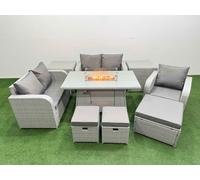 Fimous High Back Poly Rattan Garden Furniture Set with Reclining Chair Loveseat Sofa Firepit Dining Table Indoor Outdoor Patio Set 3 Stools 2 Side Table Light Grey Light Grey