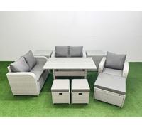 Fimous High Back Poly Rattan Garden Furniture Set w/ Reclining Chair Loveseat Sofa Rectangular Dining Table Indoor Outdoor Patio Set 3 Stools 2 Side Fimous Light Grey