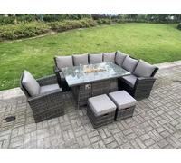 Fimous High Back Rattan Garden Furniture Sets Gas Fire Pit Dining Table Gas Heater Set Corner Sofa Small Footstools Chair 9 Seater