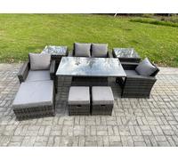 High Back Rattan Garden Furniture Sofa Sets with Height Adjustable Rising Lifting Table 2 Side Tables 3 Footstools Fimous Dark Grey One Size