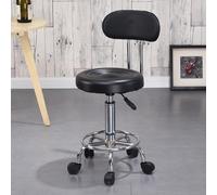 High Backrest Bar Stool, Adjustable Rolling Swivel Makeup Chair with Round Padded Seat, Ergonomic Faux Leather Stool on Wheels, Steel Frame Salon Chair, Home Office Task Stool Black