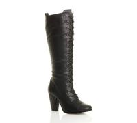 High Block Heel Lace Up Victorian Style Faux Leather Knee High Boots AJVANI Black 5