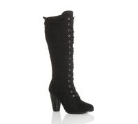 High Block Heel Lace Up Victorian Style Faux Suede Knee High Boots AJVANI Black 6