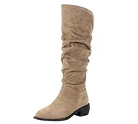 High Boots, Women's Slip-On Ruched Knight Boots, Slouch Boots, Warm Lining, Slip-On Boots, Knee-High Long Shaft Boots, Comfortable Classic Suede Boots, Pointed Toe Women's Boots with Block Heel, khaki