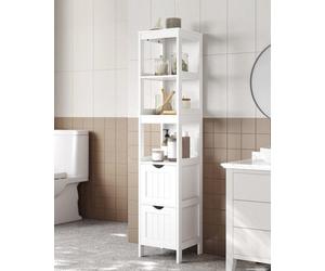 High Cabinet Bathroom Storage Cabinet With Legs Slim Column With 2 Drawers And 3 Open Compartments, White