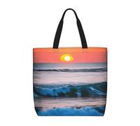 High-capacity,lightweight,durable reusable Sunset and Sunrise with Ocean Sea Waves Print tote bags designed for everyday shopping