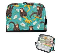 High Capacity Standing Pencil Case Funny Monkey Bananas Turquoise Pencil Bag Zipper Pen Case Back to School Supplies for Teen Boys Girls College