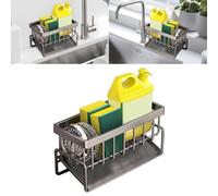 High Carbon Steel Kitchen Sink Organizer Caddy, Automatic Draining System, Sponge Cloth Holder, Stainless Kitchen Gadgets Sink Accessories (Brown-1)