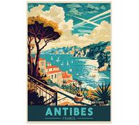 High-Contrast Vintage Illustration Of Antibes, France Landscape - Retro Europe Travel Poster A4 Size Vintage Wall Art Print of Famous European Destinations Ideal for Home or Office Decor