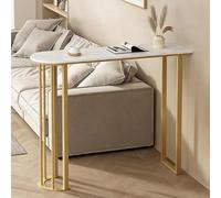 High Counter Table with Marble Rock Slab Top and Iron Frame, Rounded Corners Design for Kitchen, Living Room, Bistro, Entryway