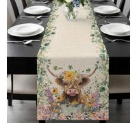 High Earth Cow Table Runner 13x60 Inches Long Green Eucalyptus Leaf Pink Yellow Flower Linen Texture Cotton Linen Table Runner Burlap Style for Dinner Table Party Decor Tabletop Decorations