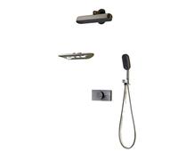 High-end All-Copper Concealed Thermostatic Brushed Gold Storage, Pressure-Increasing Button Shower Head Set(Gun Gray)