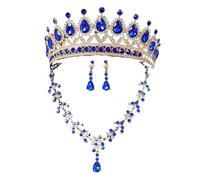 High-End Bridal Three-Piece Set - Necklace, Earrings & Crown For Wedding Season(Blue)