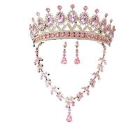 High-End Bridal Three-Piece Set - Necklace, Earrings & Crown For Wedding Season(Pink)
