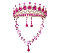 High-End Bridal Three-Piece Set - Necklace, Earrings & Crown For Wedding Season(Rosy)