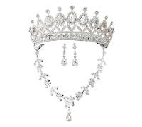 High-End Bridal Three-Piece Set - Necklace, Earrings & Crown For Wedding Season(Silver)
