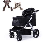 High-End Cat and Dog Pet Stroller Safety Double Brake Quality Tire Comfortable Shock Absorption Aluminum Frame + Adjustable Armrest (Black)