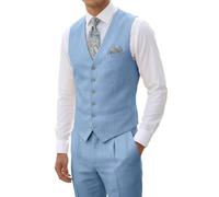 High-End Suits Linen Suits for Men Beach Summer Wedding Groomsmen 2 Piece Silm Fit Casual Light Suit Men's Tuxedos Vest Pant, Blue, M