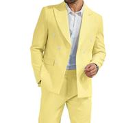 High-End Suits Men's Striped Seersucker Suits 2 Piece Slim Fit Wedding Double Breasted Tuxedo Summer Beach Suits Sets, Yellow, L
