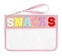 HIGH FIT Snack Bags Pouch Travel Makeup Bag Chenille Letter Patch - Waterproof Nylon Clear Cosmetic Bag/Tote Bag/Makeup Travel Bag/for Women Girls, Snack-Pink