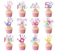 High Five Birthday Party Decorations - 36 Pcs Officially a Handful 5th Cupcake Toppers Bday Decor Hand Print Happy 5th Birthday Party Cake Decorations Supplies for 5 Year Old