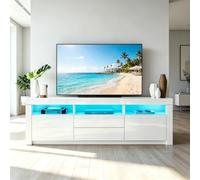 High Gloss 160cm TV Stand Cabinet Unit with LED Lights,White | LED TV Unit with 2 Doors & 2 Drawers,Modern TV Entertainment Center for Living Room Bedroom