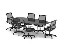 High Gloss 2400mm Writable Boardroom Table Black Top with Set of Six Lula Mesh Chairs