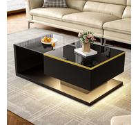 High-Gloss Black Coffee Table with Tempered Glass Top and LED Lighting, Tea Table Perfect for Modern Elegance, 90L x 50W x 32.5H cm, Black Aosom UK
