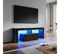 (High Gloss Black) Elegant 140cm High Gloss TV Cabinet with LED Lights, Drop-Down Storage Cabinet and Tempered Glass Shelf, Modern TV Stand Media Unit