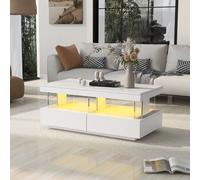 High Gloss Coffee Table with 16-Colour LED Lights, 2 Drawers and Open Storage, Modern 2-Tier White Coffee Table, 100x60x49.5 cm, White Aosom UK