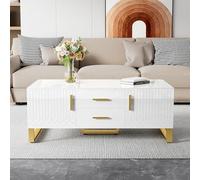 High Gloss Coffee Table with Drawers & Open Storage Modern Design with Engraved Doors Gold Handles & Legs Elegant Living Room Table 107x55x40.5 cm