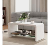 High Gloss Coffee Table with Glass Shelf, Two-Tier Living Room Table, White