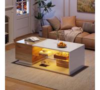 High-Gloss Coffee Table with Open Centre 2-Tier Storage and App-Controlled LED Strip, Desk for Living Room, 105L x 50W x 36H cm, White+Wood Aosom UK