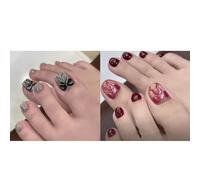 High-Gloss French Tips Fake Toenails with Bows Design Square Press on Toenails Toenails Women Full Covered Toenails French Tips Fake Toenail with Design