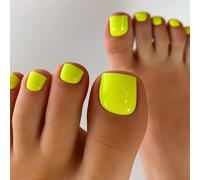 High-Gloss Neon Yellow 24PCS Short Square False Toenails - French Tip & Mirror Shine ABS Material for Women Girls, Fake Toe Nails Stickers Tabs Press On Extensions Kit