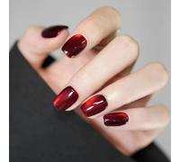 High Gloss Red Acrylic Press On Nails With Full Coverage Design For Everyday Wear - Short Square Shape Stick On False Nails DIY Manicure Set Including Strong Adhesive Gel Pads & File For Women